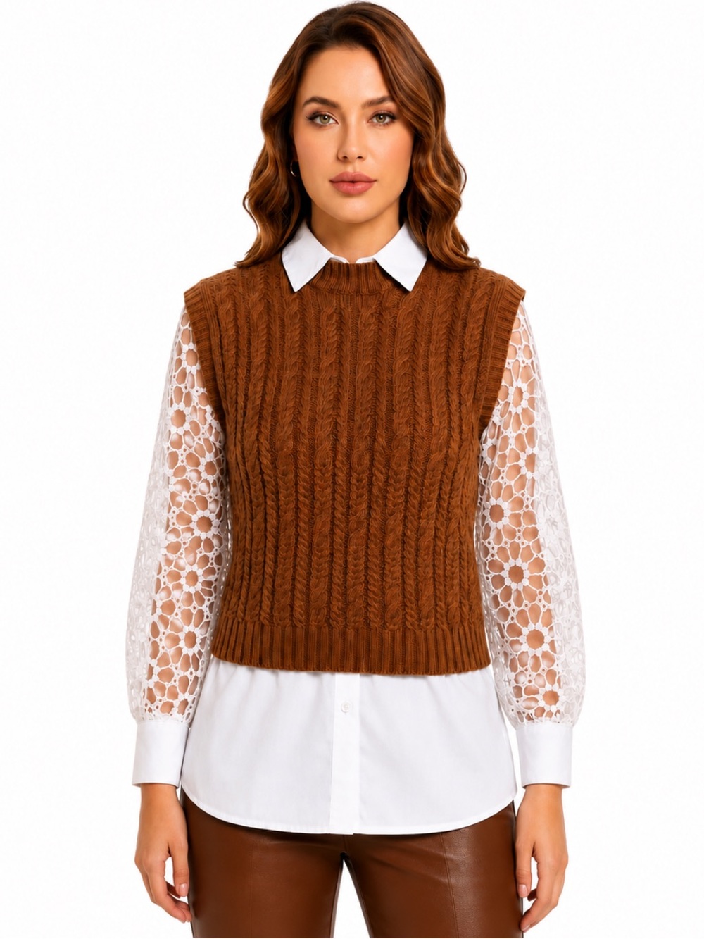 Zara Cable Knit Sleeveless Sweater Vest With High Neck In Cognac Size Large EUC!
